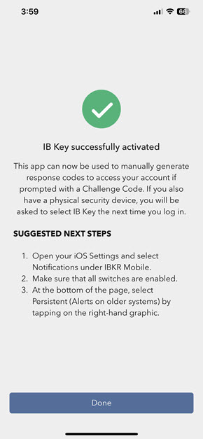 Image of the IB Key sucessfully activated screen on iPhone